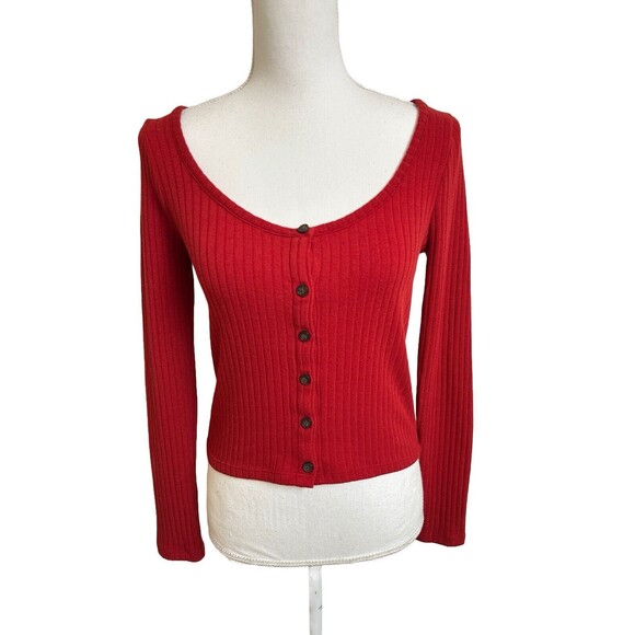Madewell Women's S Red Ribbed Scoopneck Cardigan Top Button Down Front NC633 - Picture 2 of 7